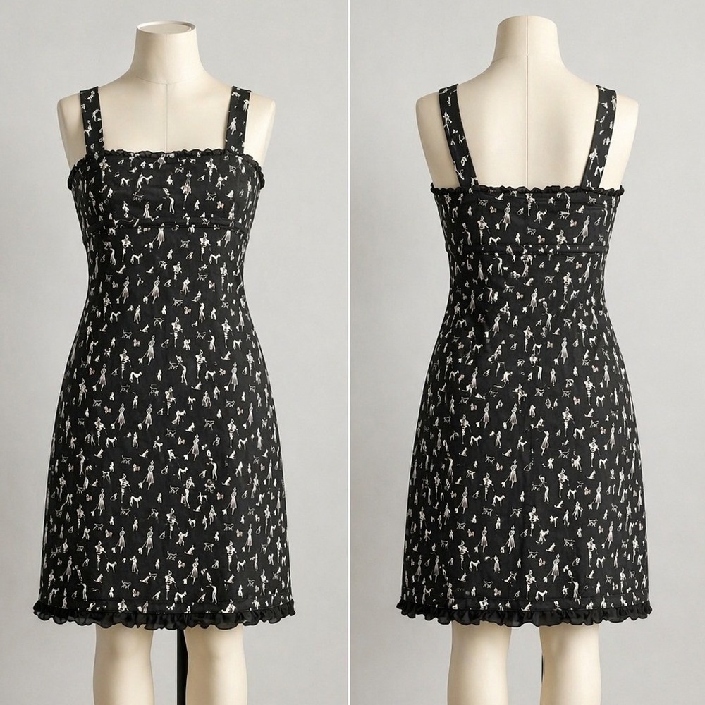 Black Novelty Dog Walker Print Ruffle Trim Sheath Dress Sleeveless Square‎ Neck